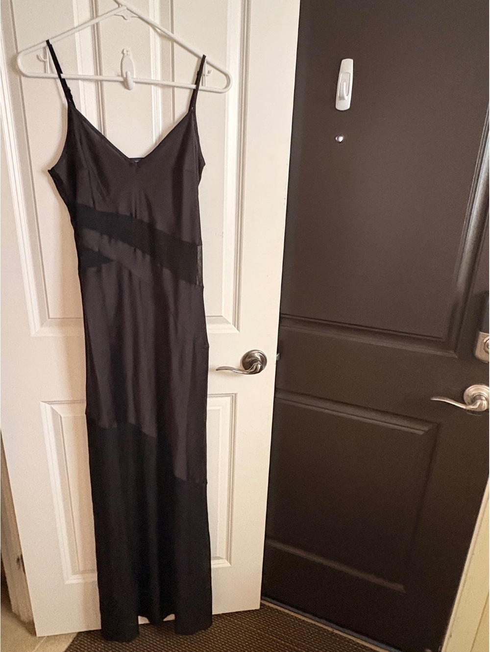 French Connection Black Slip Dress Sheer Panels Elegant Parisian Chic Size 8